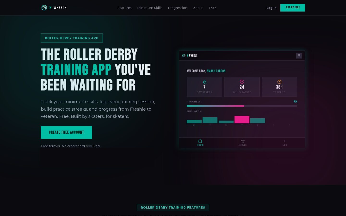 8 Wheels roller derby training app home page