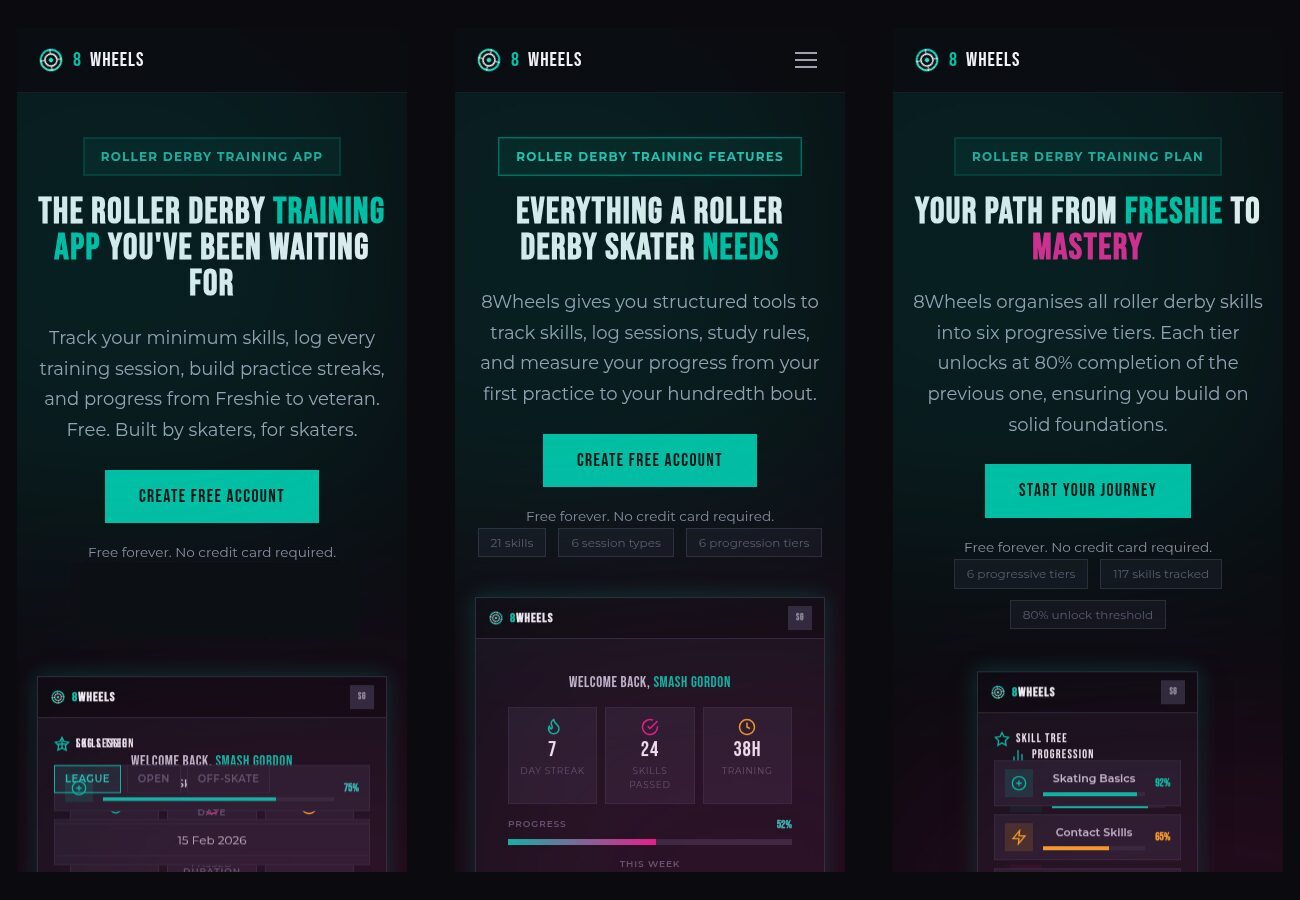 8 Wheels on mobile: home, features and progression pages
