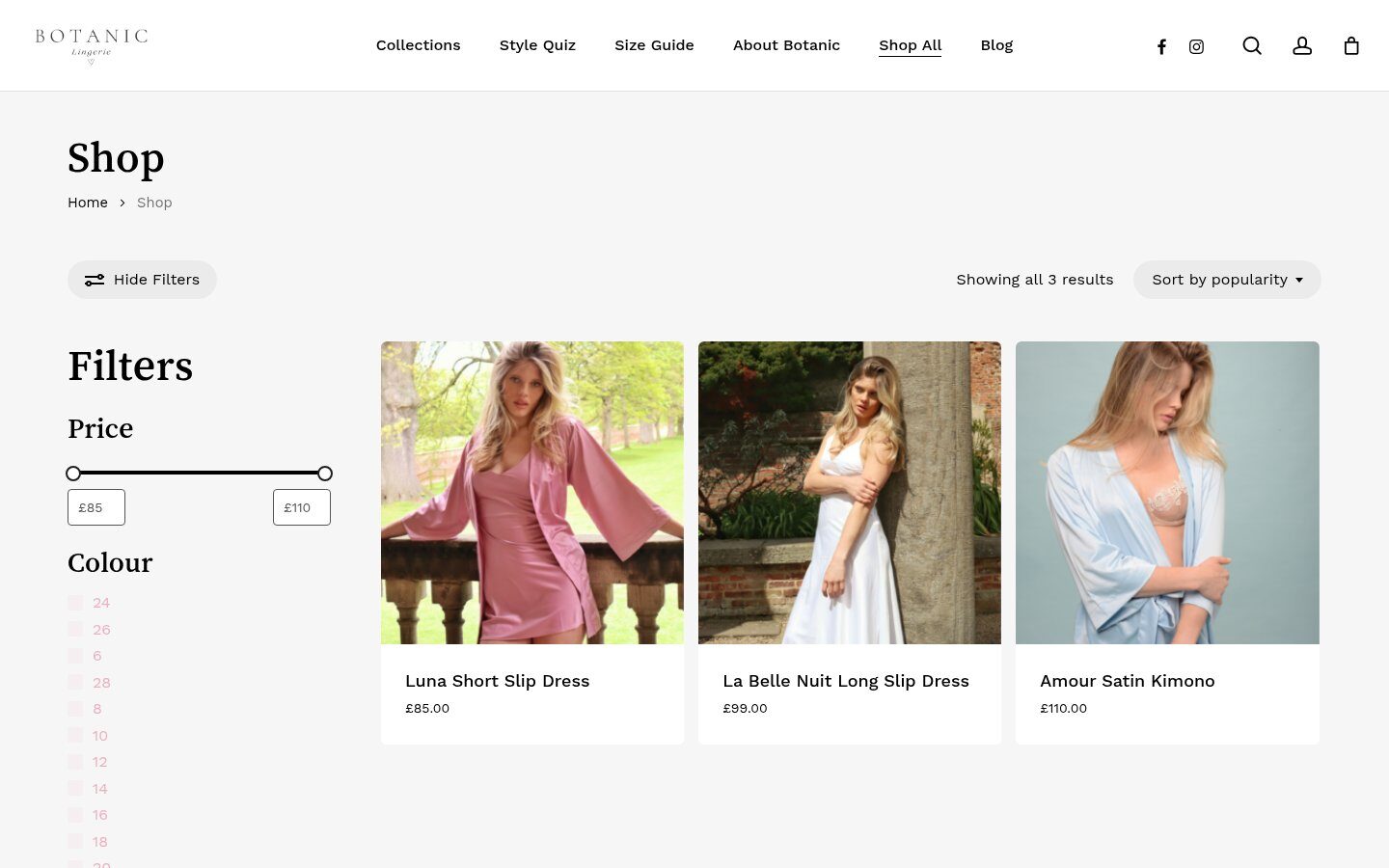 Botanic shop page with filters
