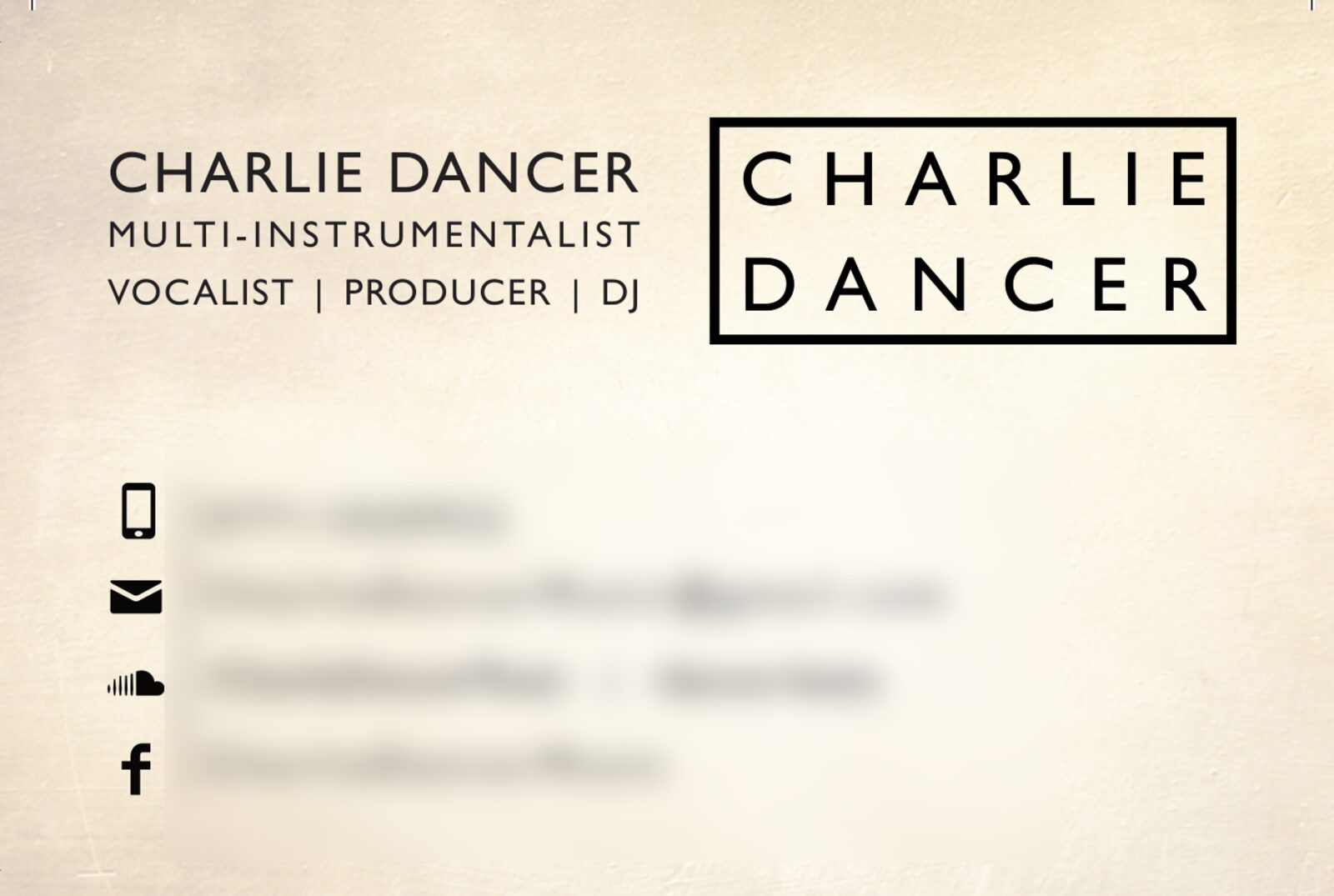 Charlie Dancer business card contact side, details blurred