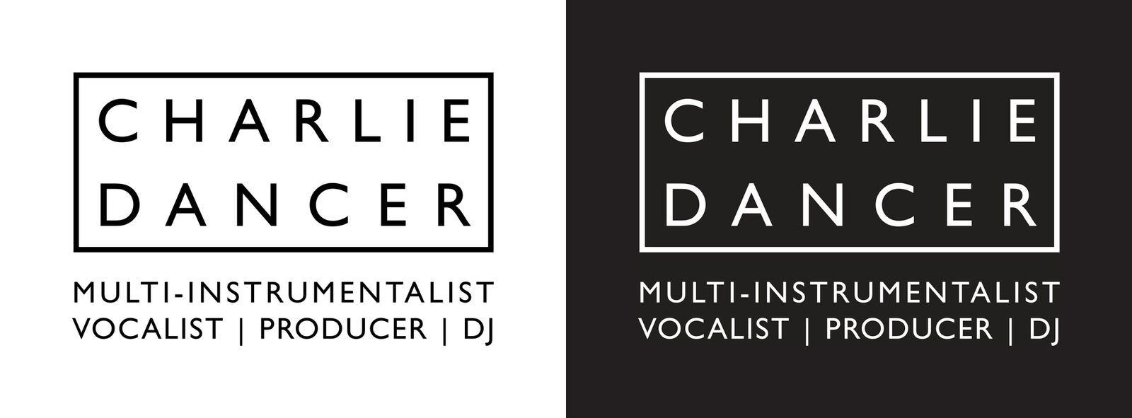 Charlie Dancer framed wordmark logo in black and reversed