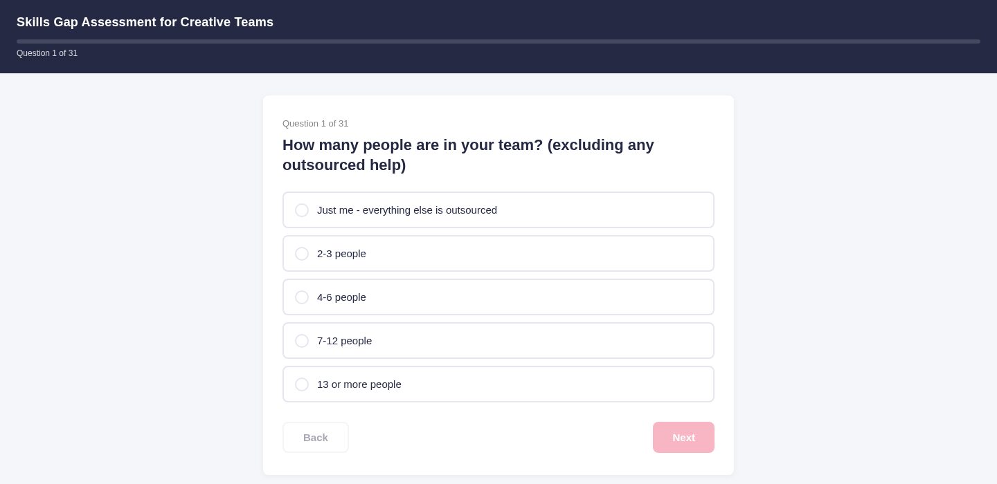 Skills Gap Assessment question prototype