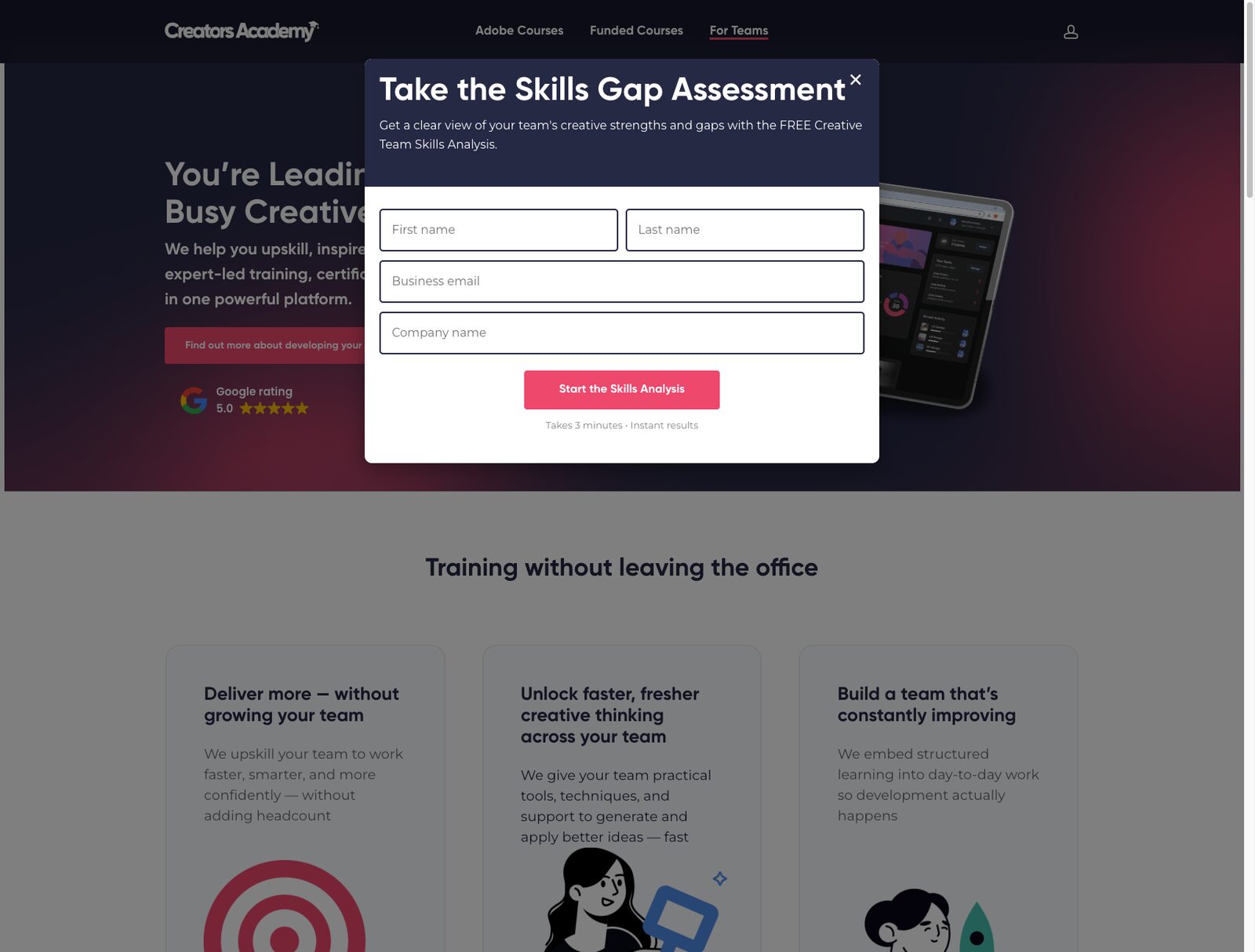 Skills Gap Assessment popup on the Creators Academy Teams page