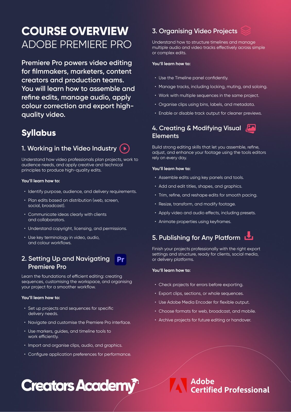 Syllabus page: Adobe Premiere Pro course overview