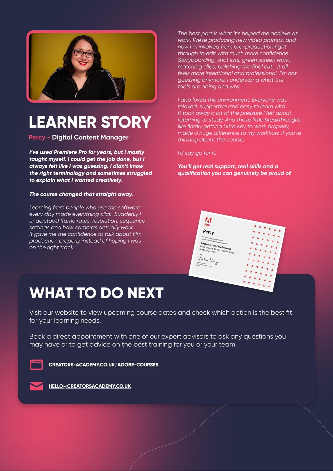 Syllabus page: learner story and what to do next