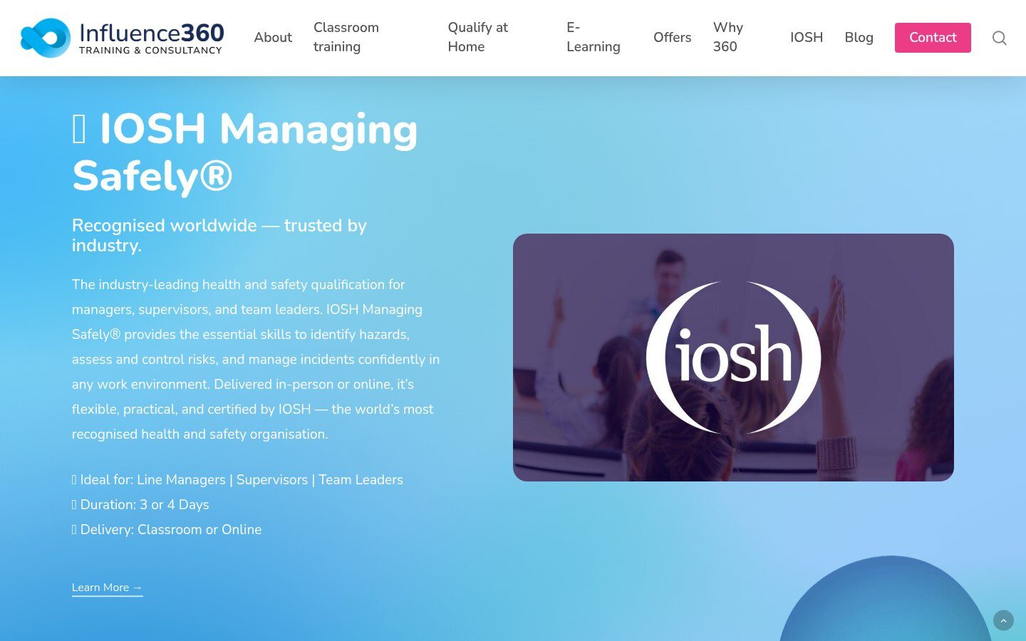 IOSH Managing Safely feature on the homepage