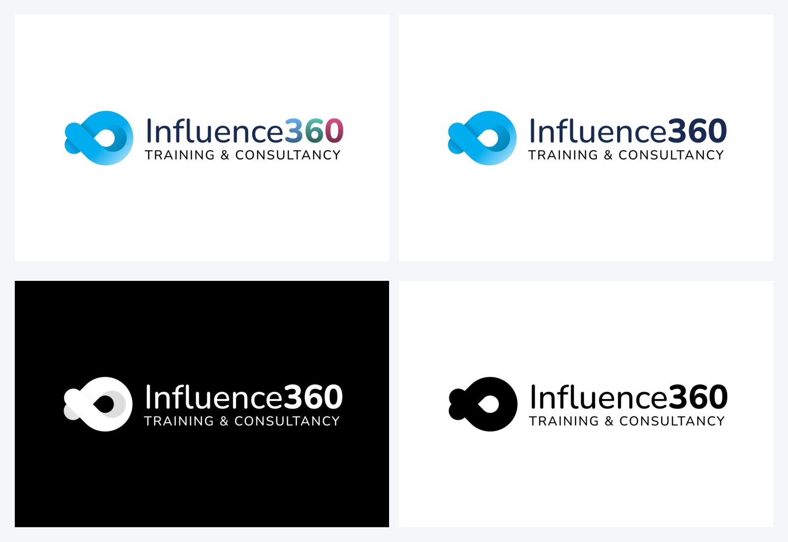 Influence360 logo in colour, navy, white and black