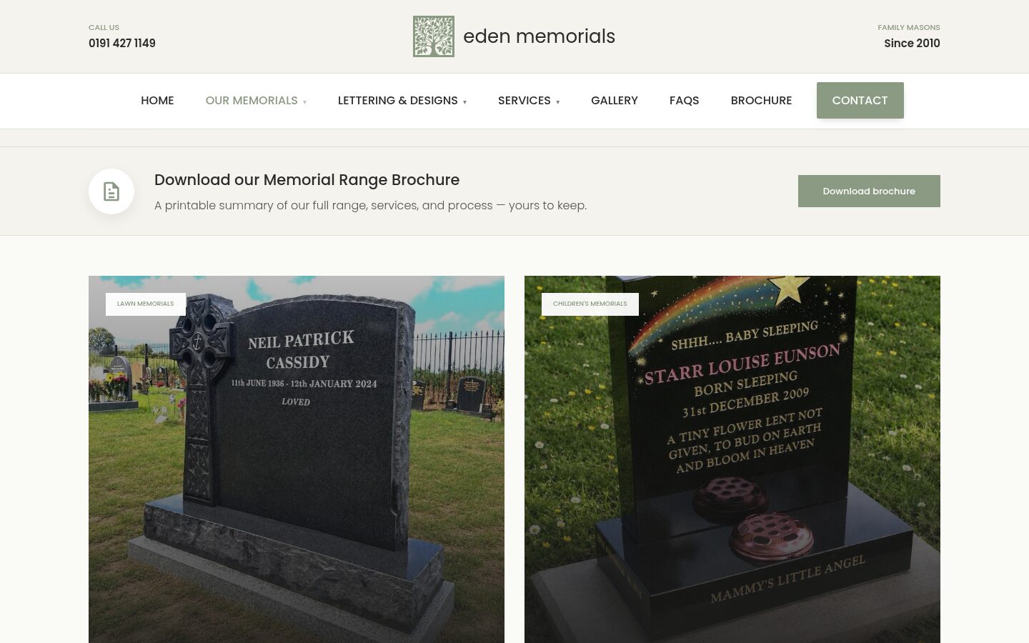 Eden Memorials memorial ranges page