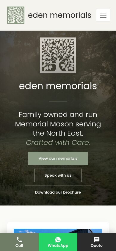 Eden Memorials homepage on mobile with contact bar
