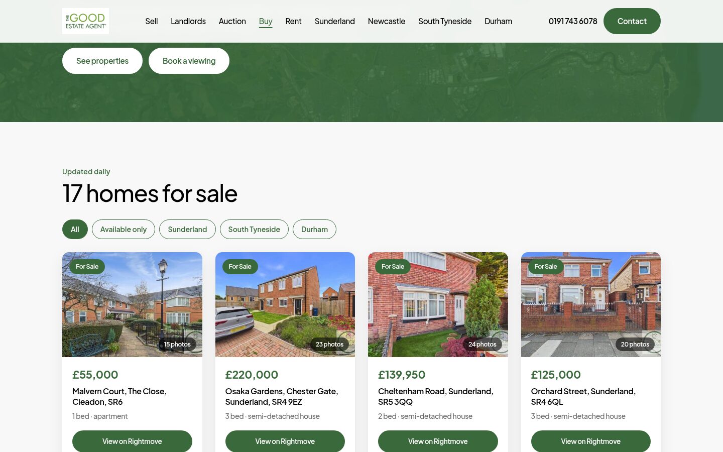 Homes for sale page with area filters