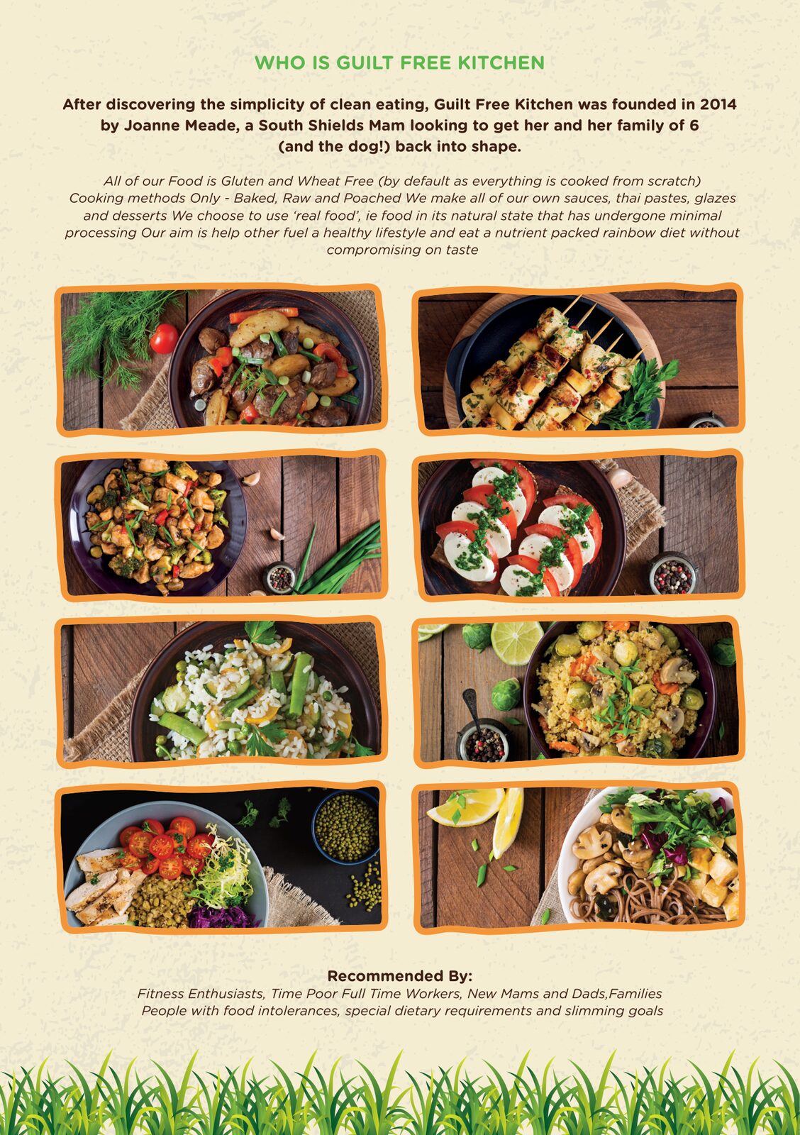 A5 flyer back with the Guilt Free Kitchen story and a grid of dishes