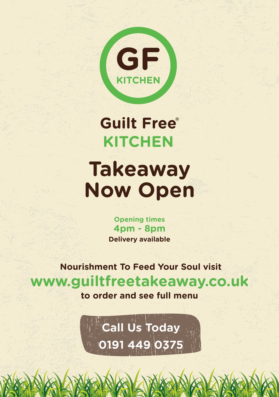 Takeaway Now Open A5 flyer front for Guilt Free Kitchen