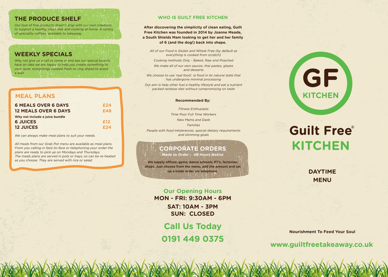 Guilt Free Kitchen tri-fold daytime menu, outside spread with logo, story and opening hours