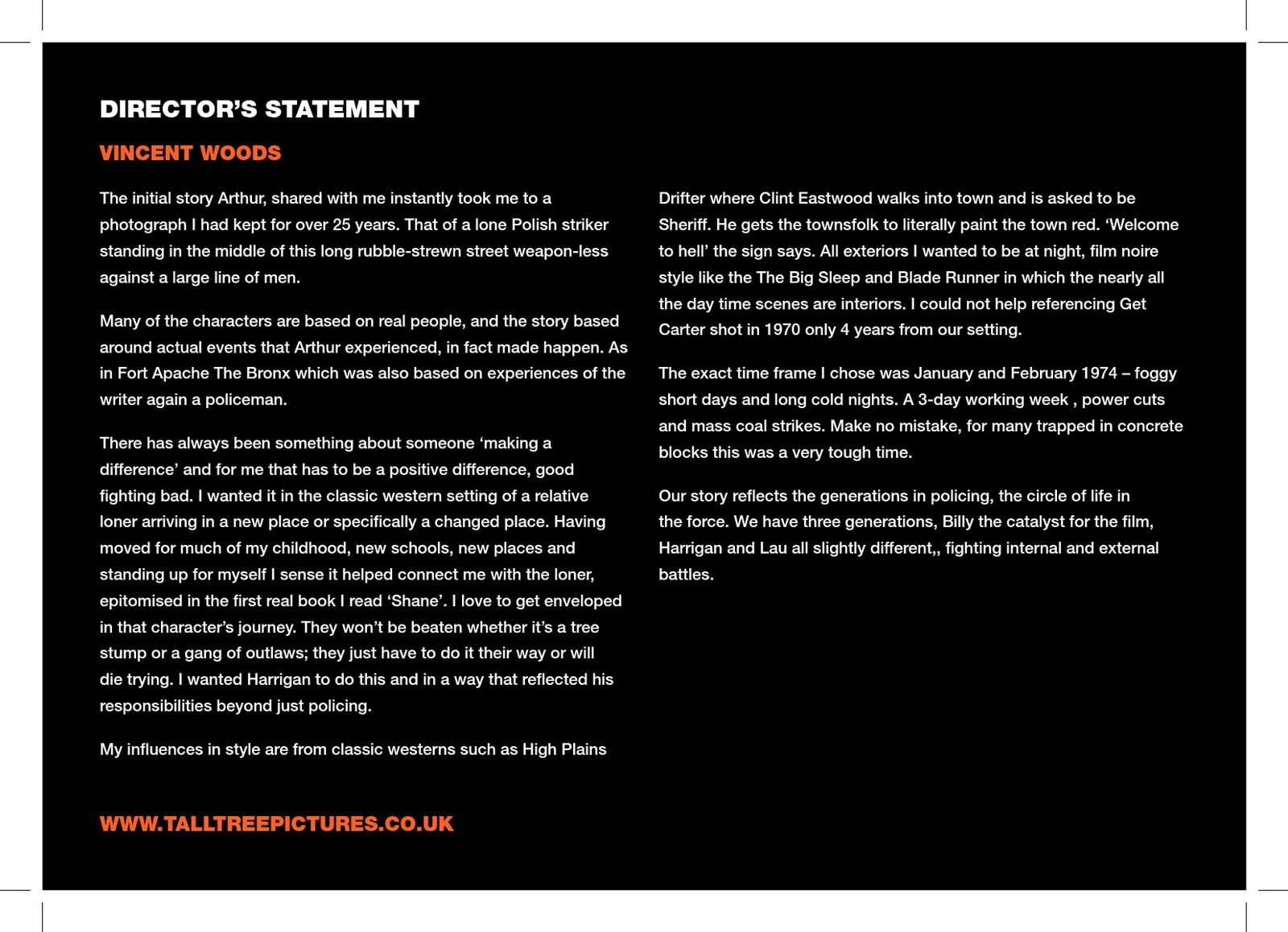 Harrigan press pack director&rsquo;s statement