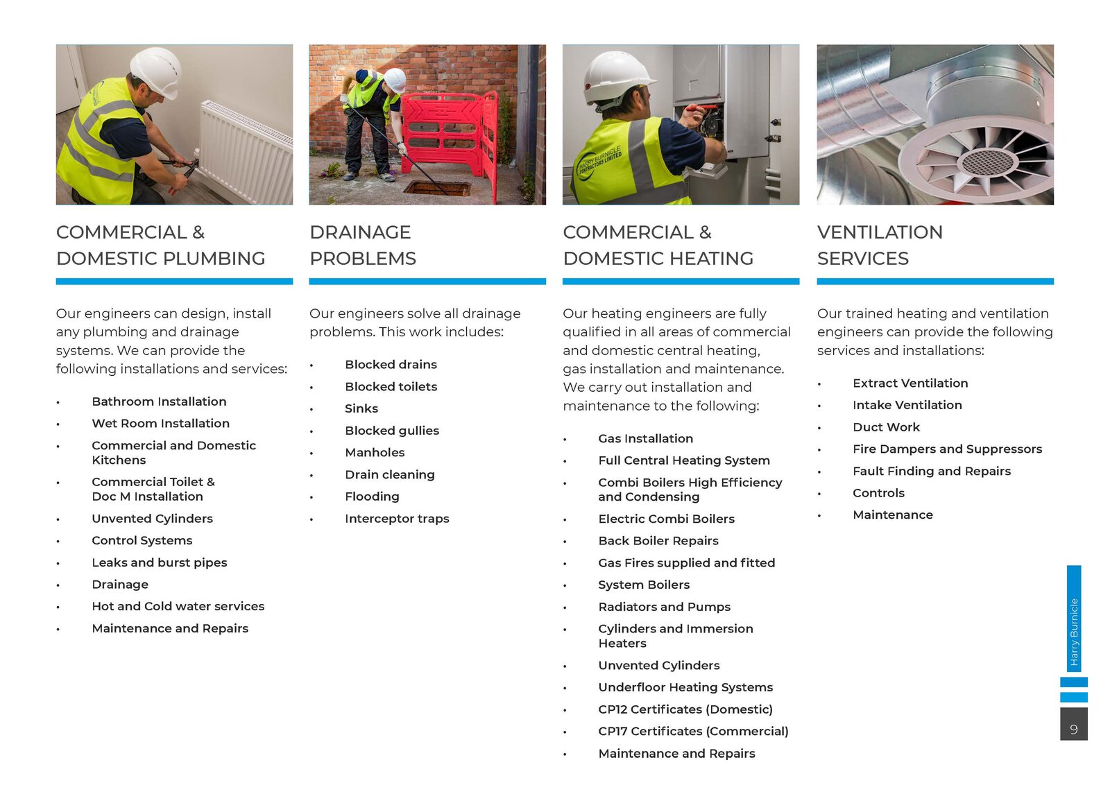 Harry Burnicle brochure mechanical, plumbing and heating page