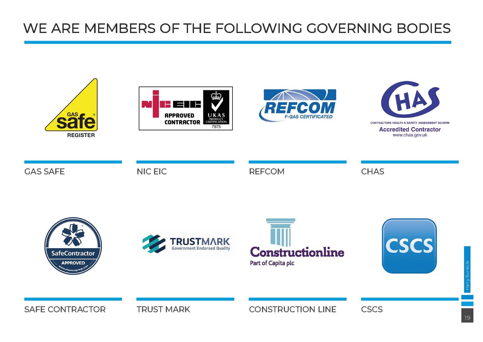 Harry Burnicle brochure accreditations page