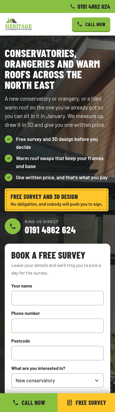 Heritage Conservatories page on mobile