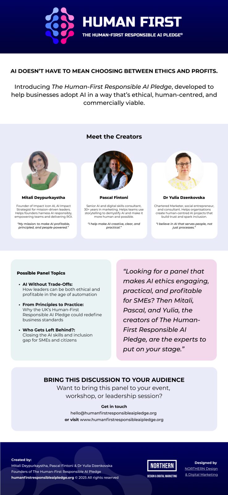 E-flyer introducing the three founders and panel topics