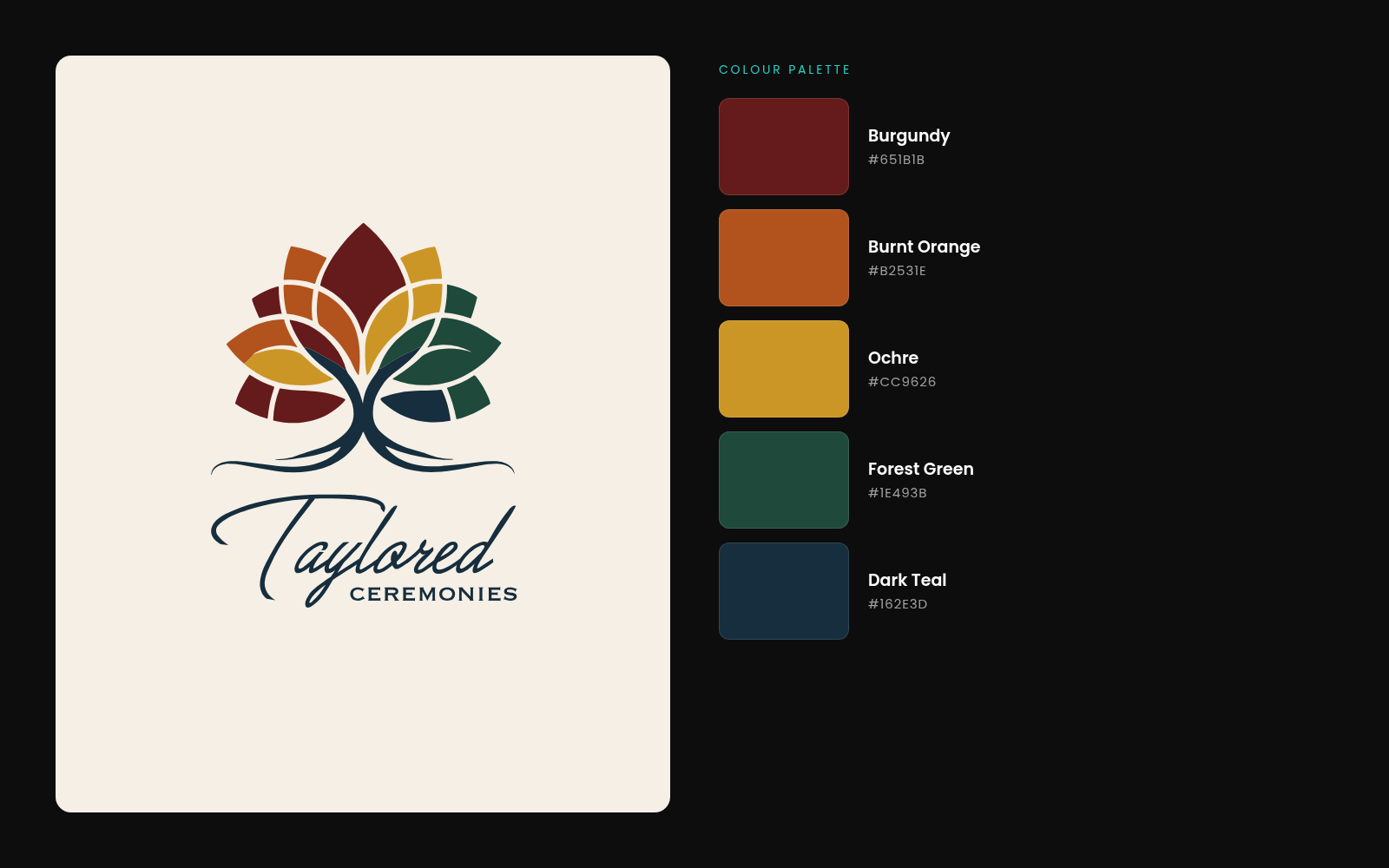 Taylored Ceremonies five-colour palette with hex values