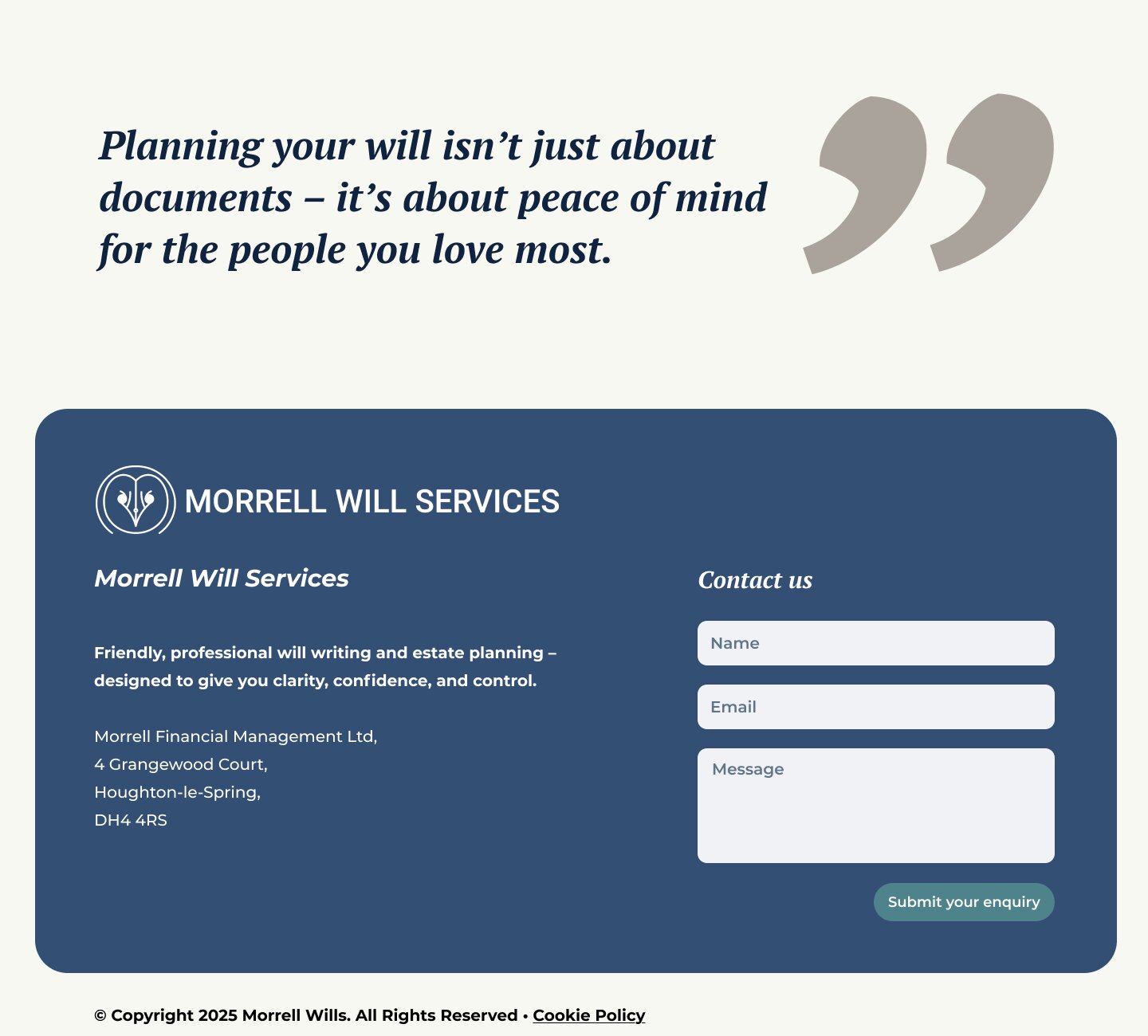 Morrell Will Services homepage design, closing line and footer