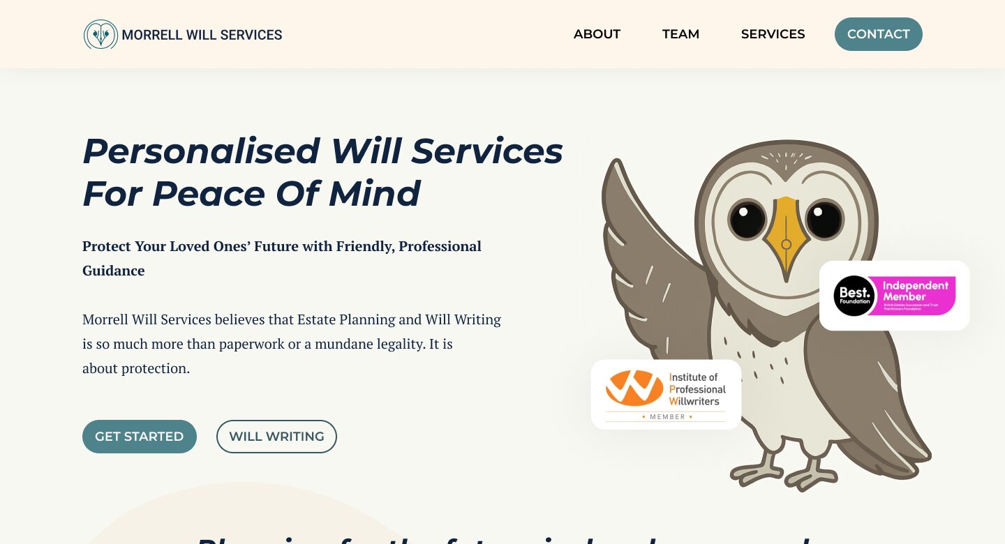 Morrell Will Services homepage design, hero with owl