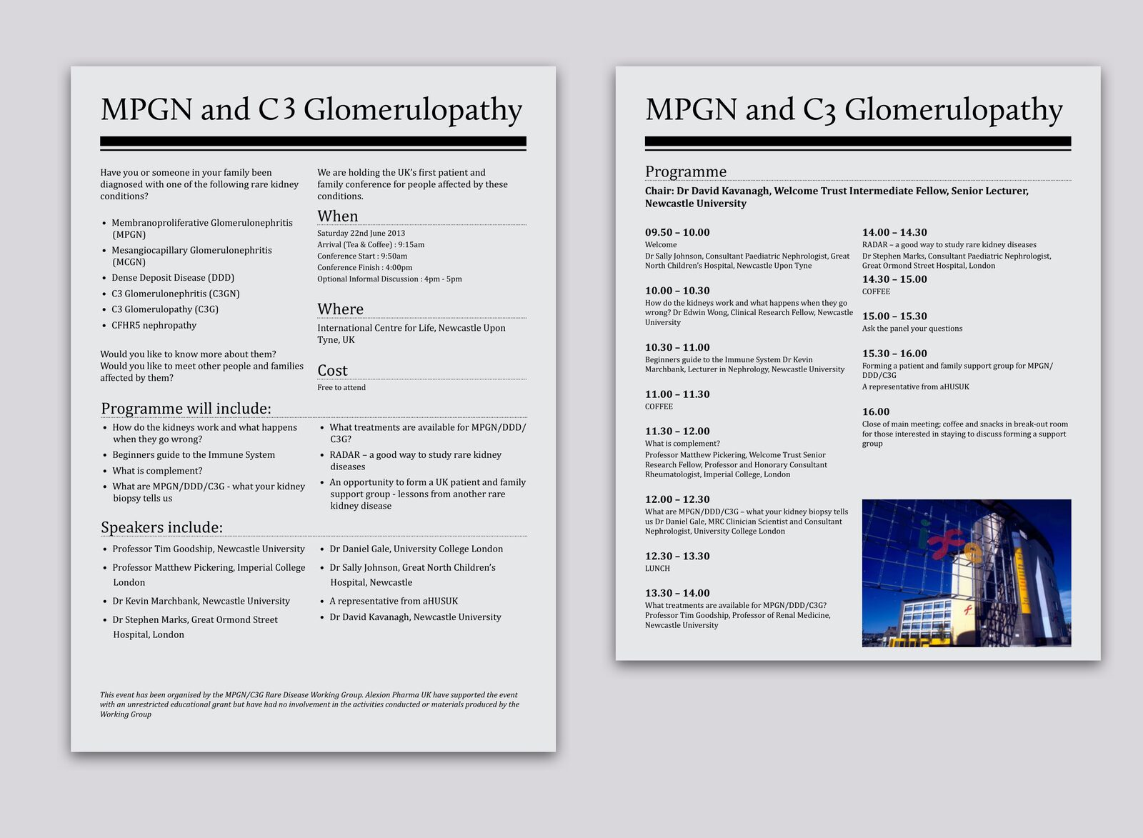 Both pages of the MPGN and C3 Glomerulopathy conference flyer