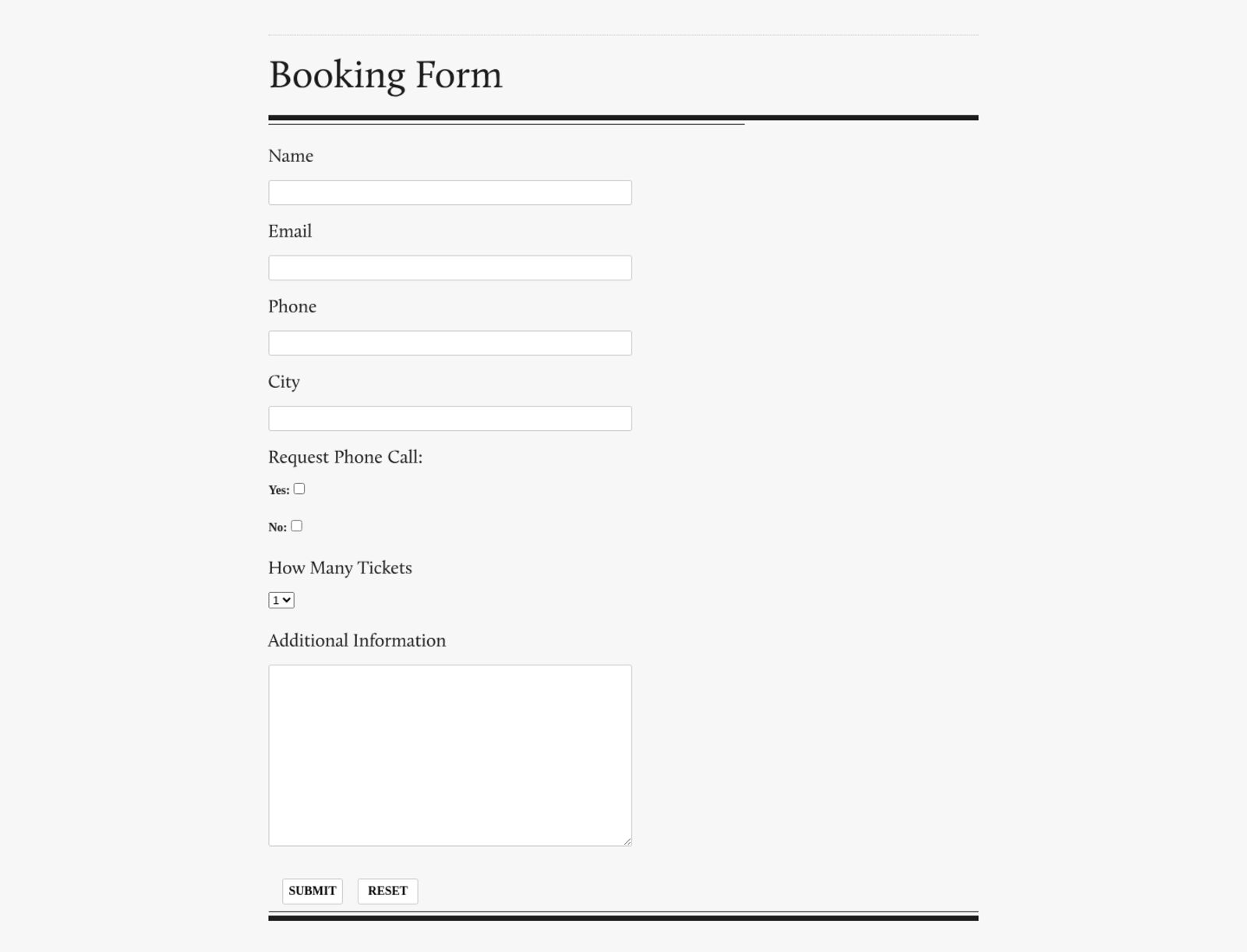 Event website booking form