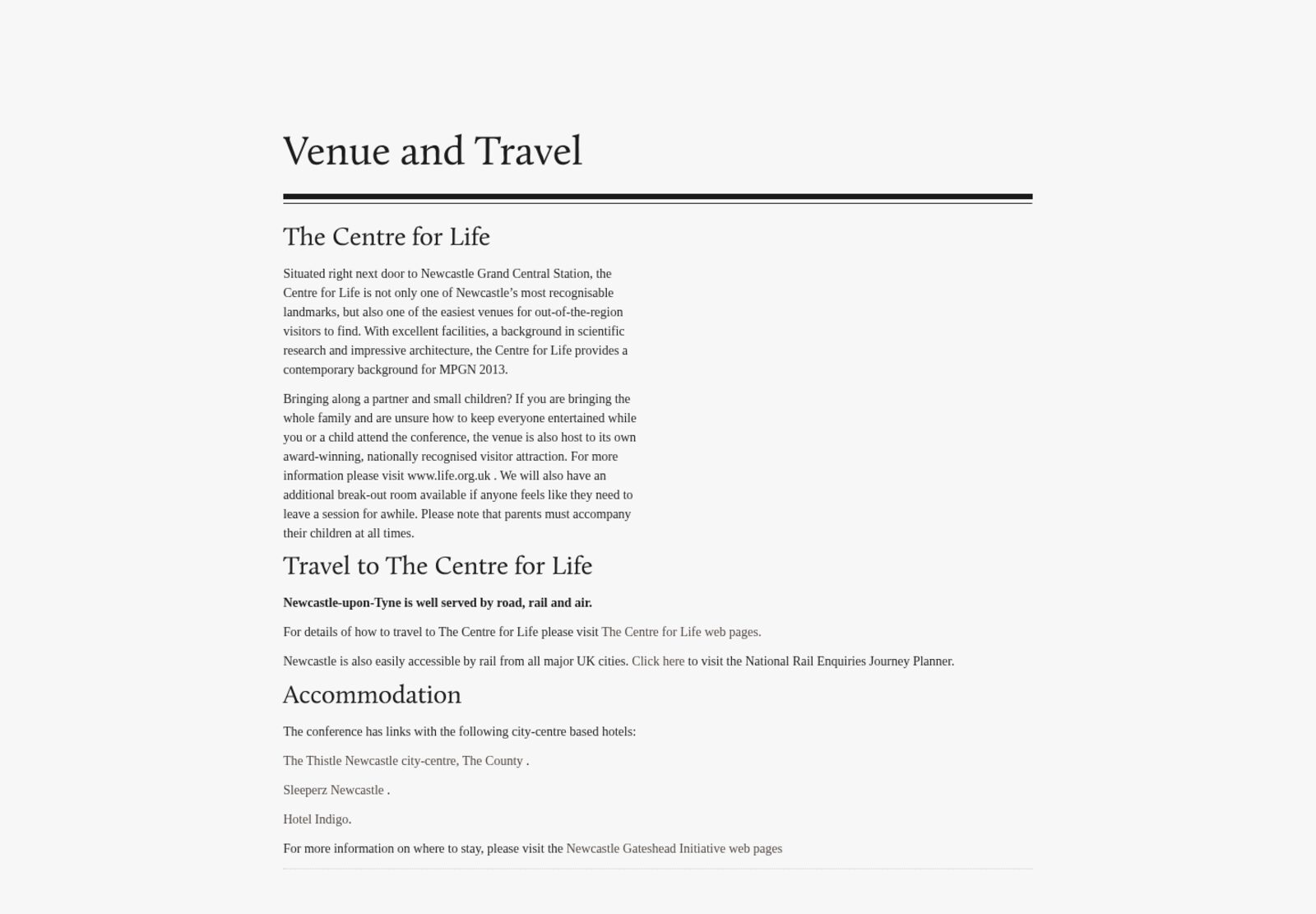 Event website venue and travel section