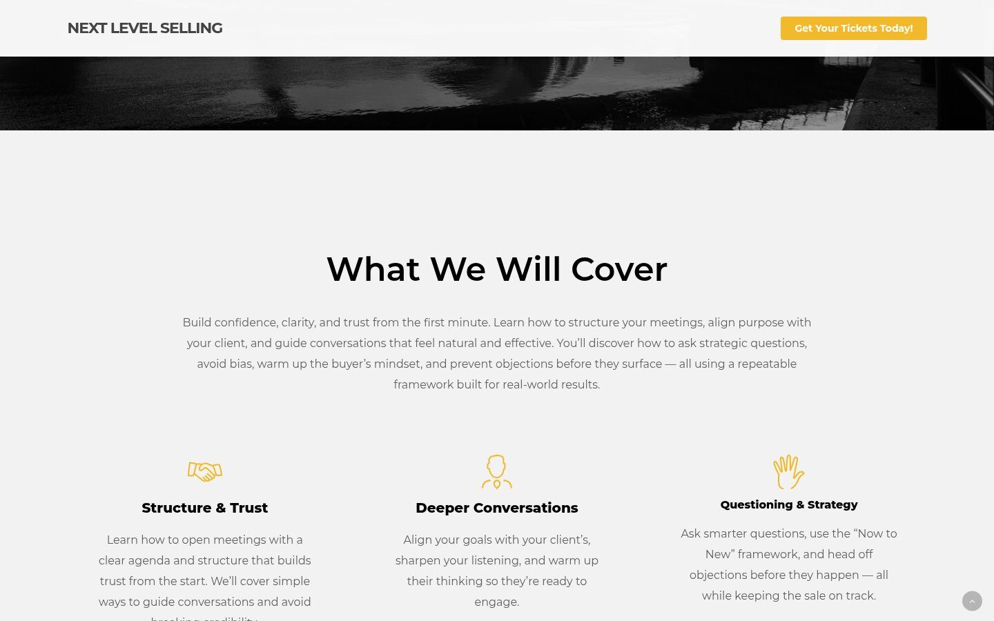 Next Level Selling workshop agenda section