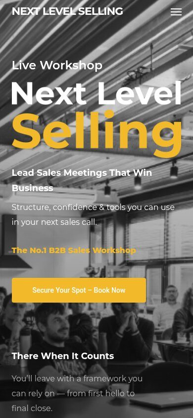 Next Level Selling landing page on mobile