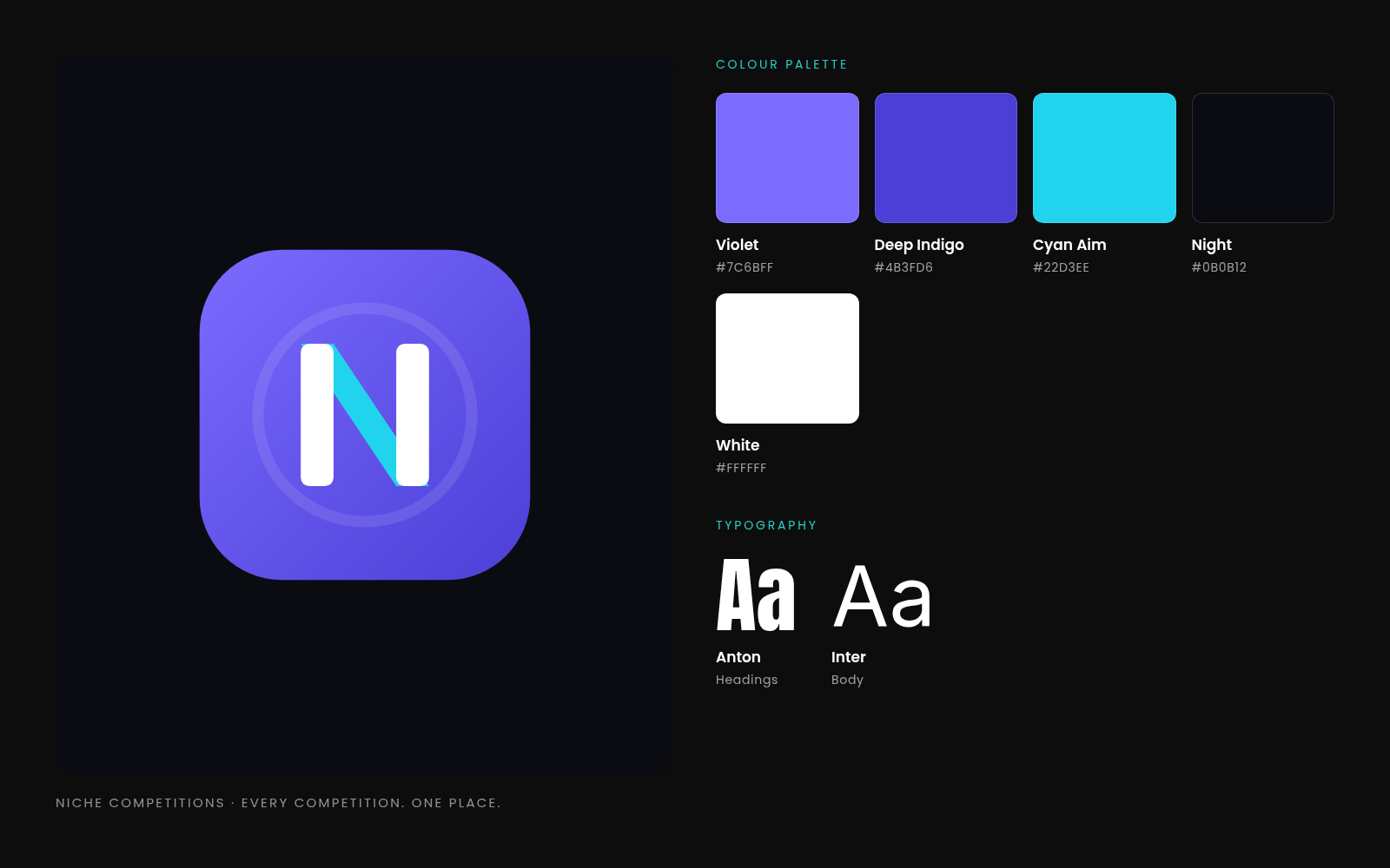 Niche Competitions logo, colour palette and typefaces