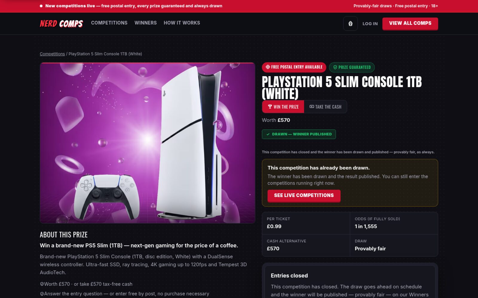 Competition page with prize, cash alternative and odds