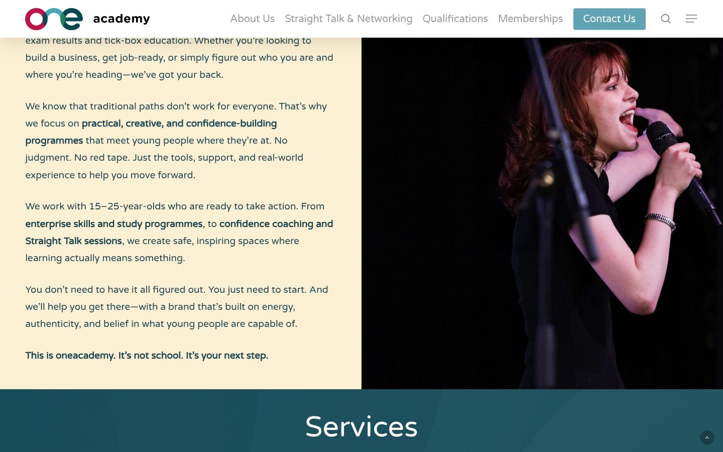 One Academy website services section