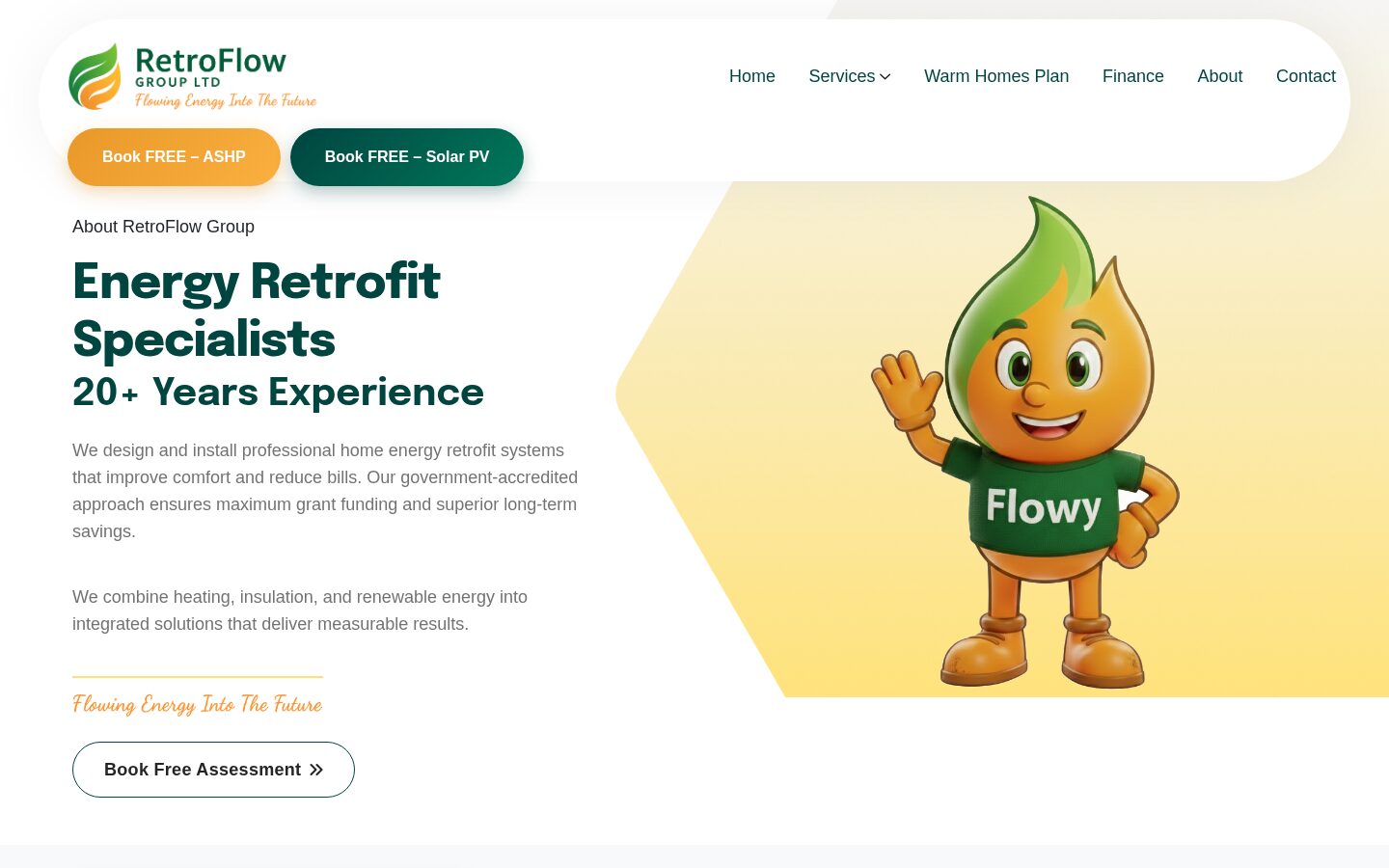 RetroFlow about page with Flowy the mascot
