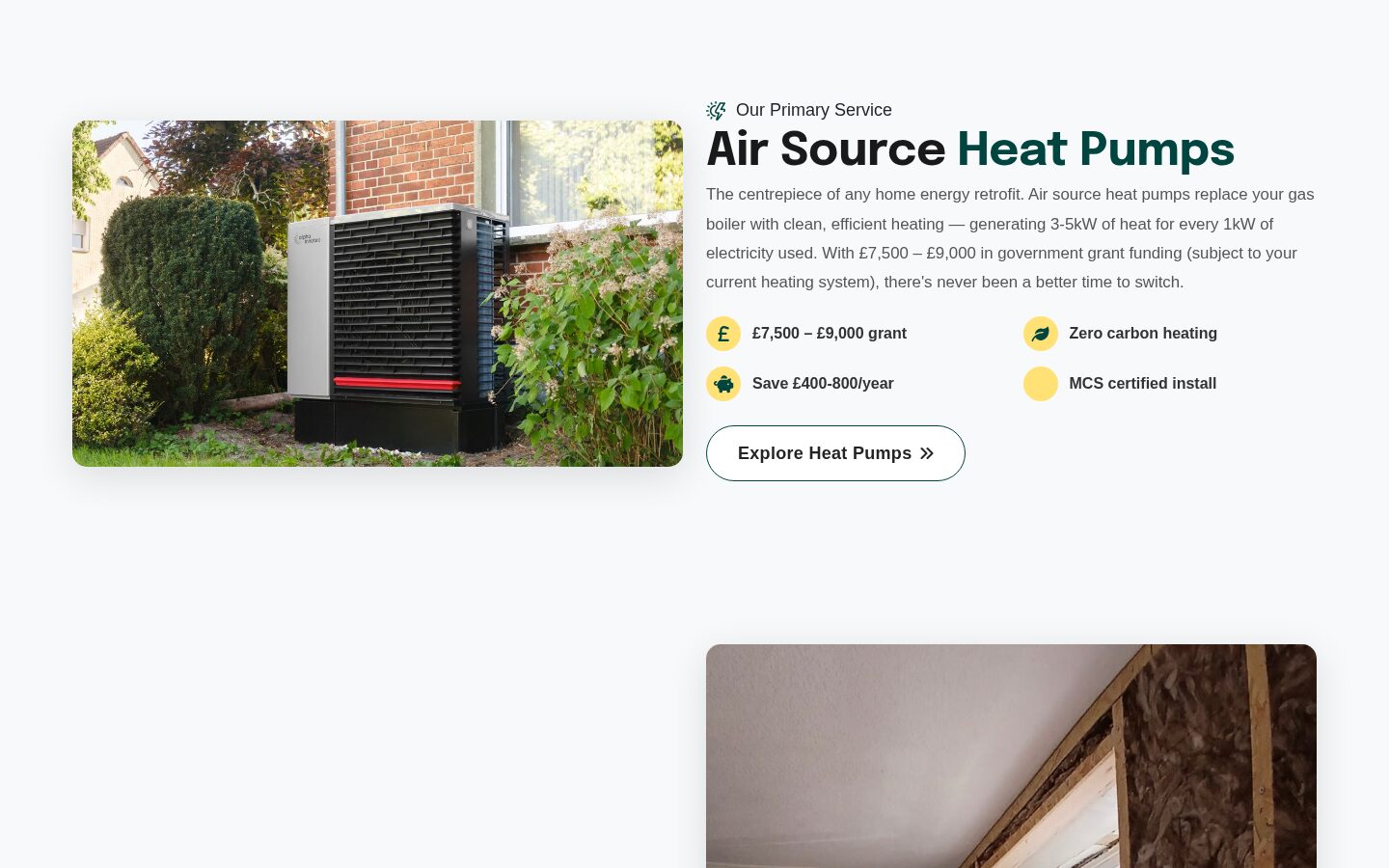 Air source heat pump section on the homepage