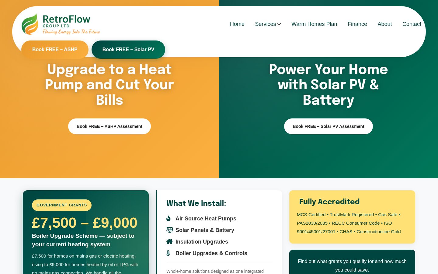 RetroFlow homepage with split heat pump and solar hero