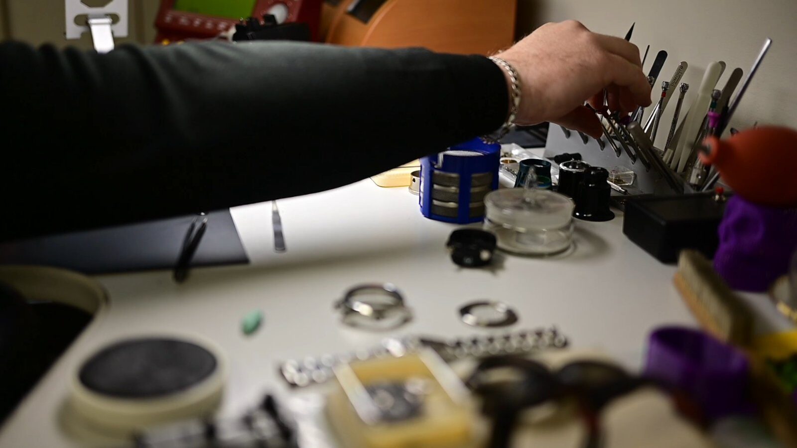 Watchmaker tools on the bench