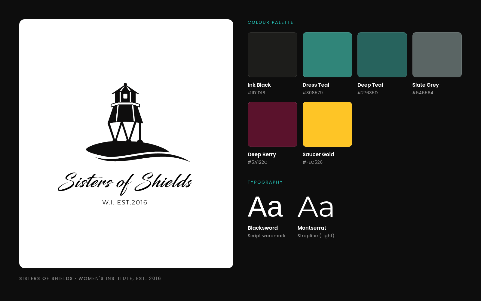 Sisters of Shields logo, palette and type