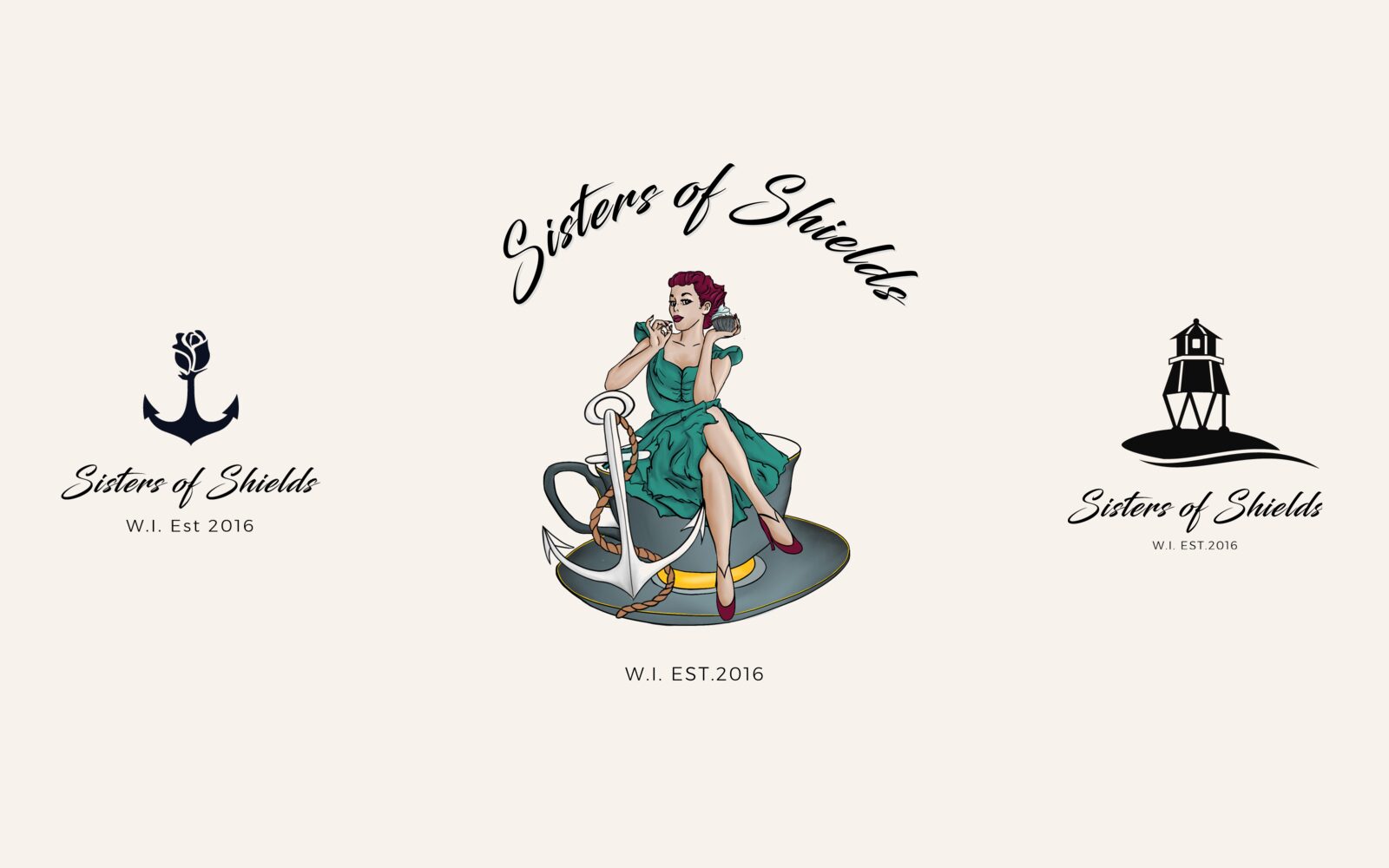 Sisters of Shields illustrated badge with rose-anchor and lighthouse logos