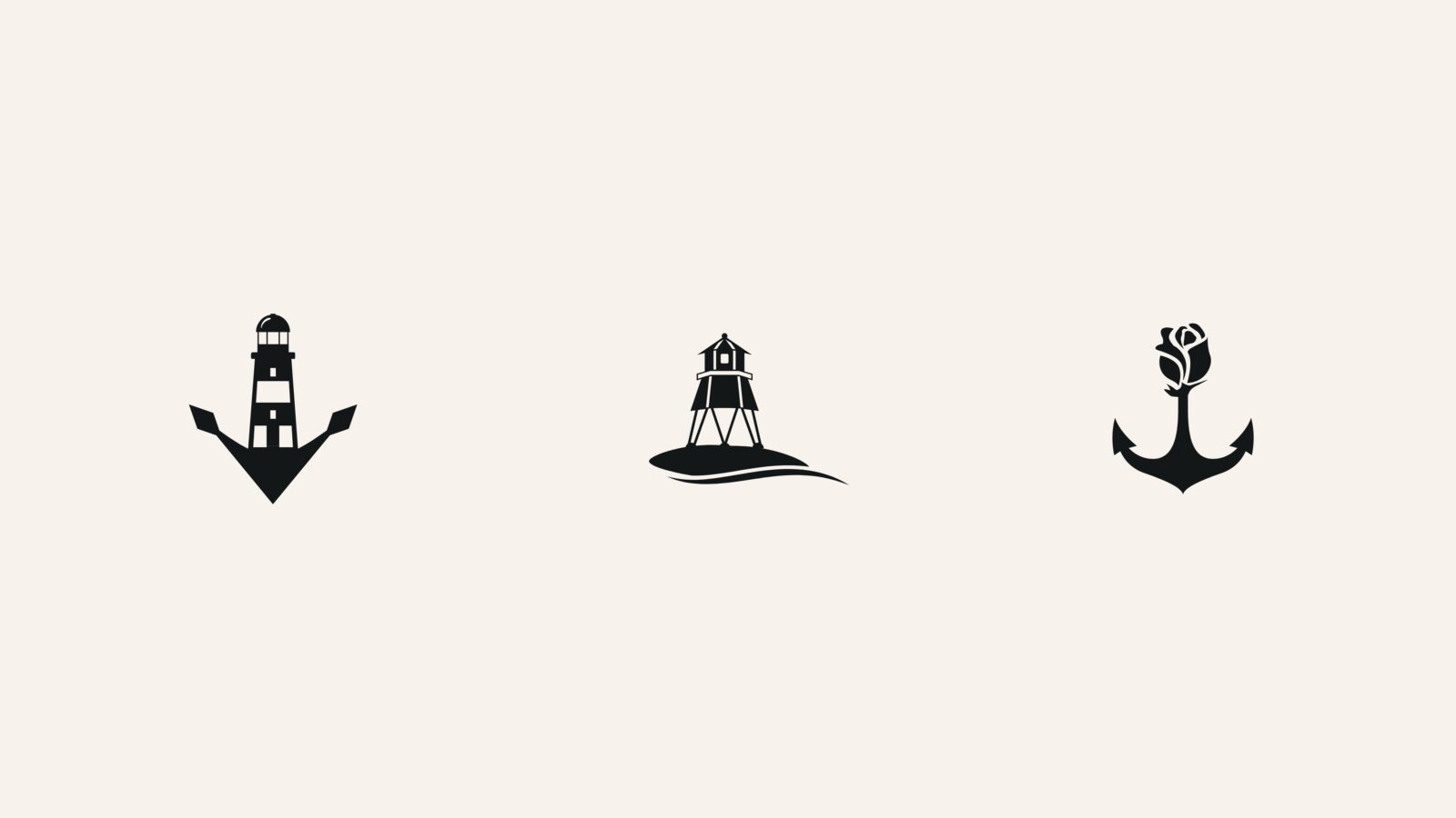 Three icon concepts: lighthouse anchor, lighthouse on an island, rose anchor