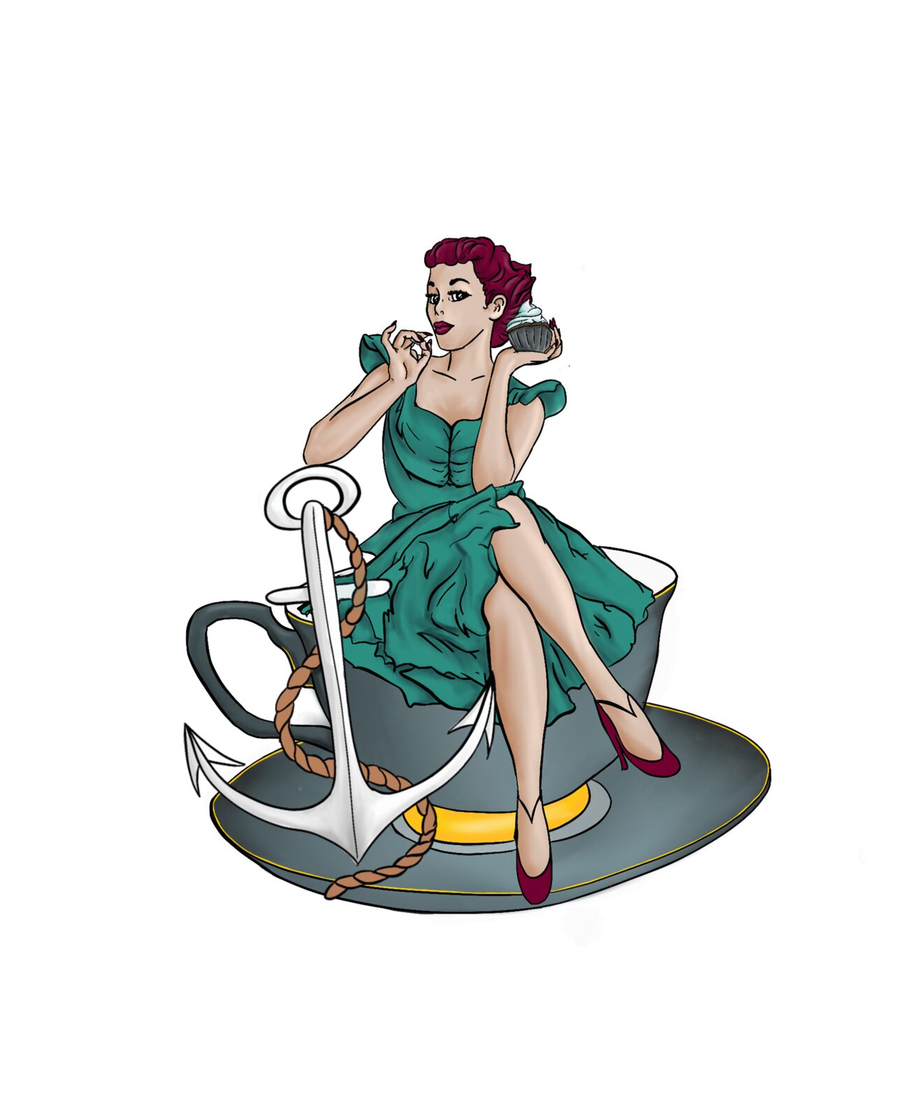 Illustrated pin-up character on a teacup with an anchor