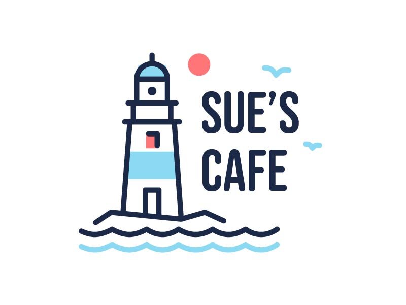 Logo concept: illustrated lighthouse with sun and gulls