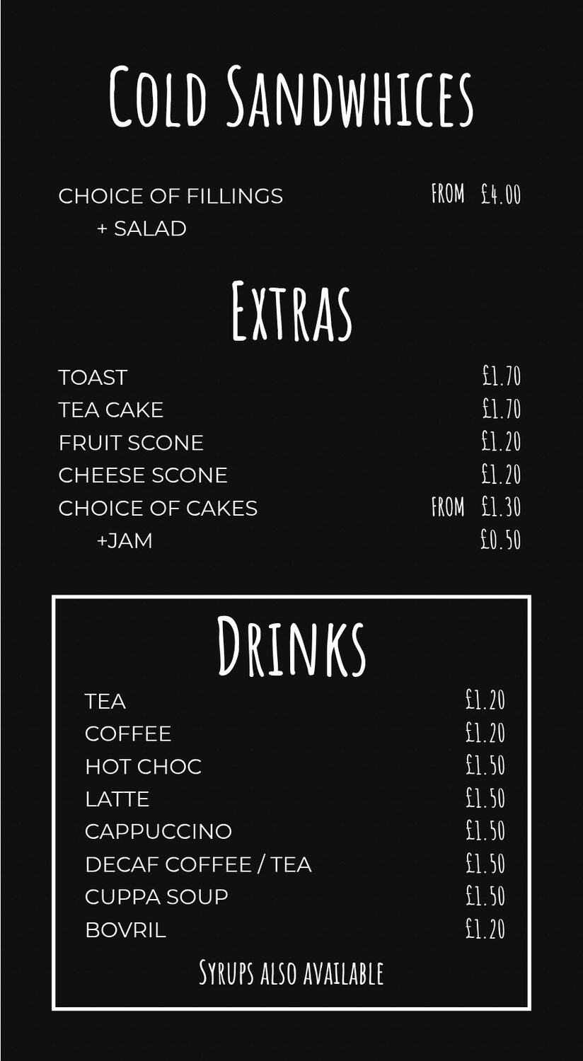 Cold sandwiches, extras and drinks menu board