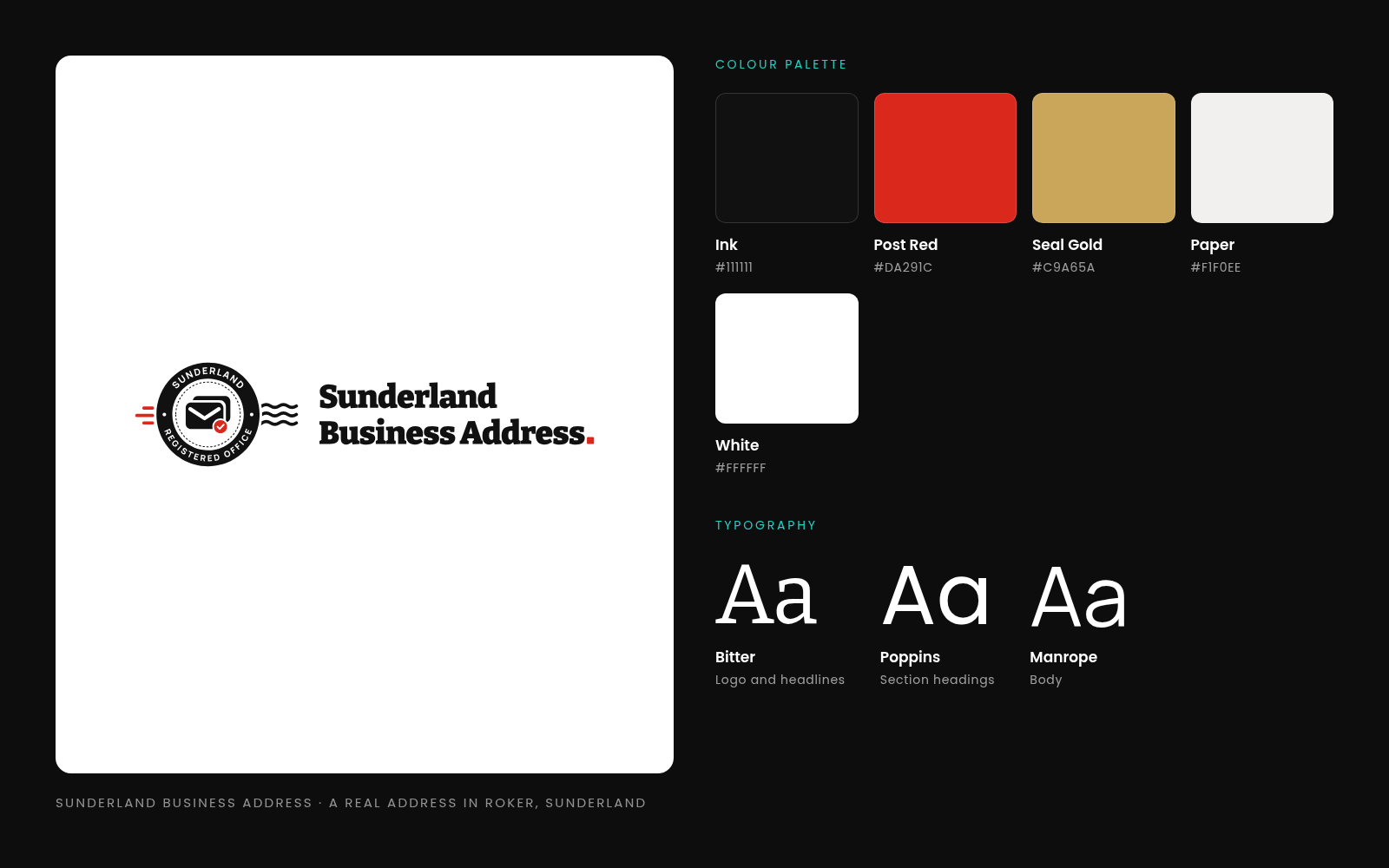 Sunderland Business Address logo, colour palette and typefaces