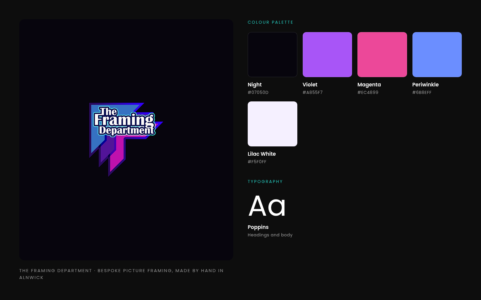 The Framing Department logo, website palette and type