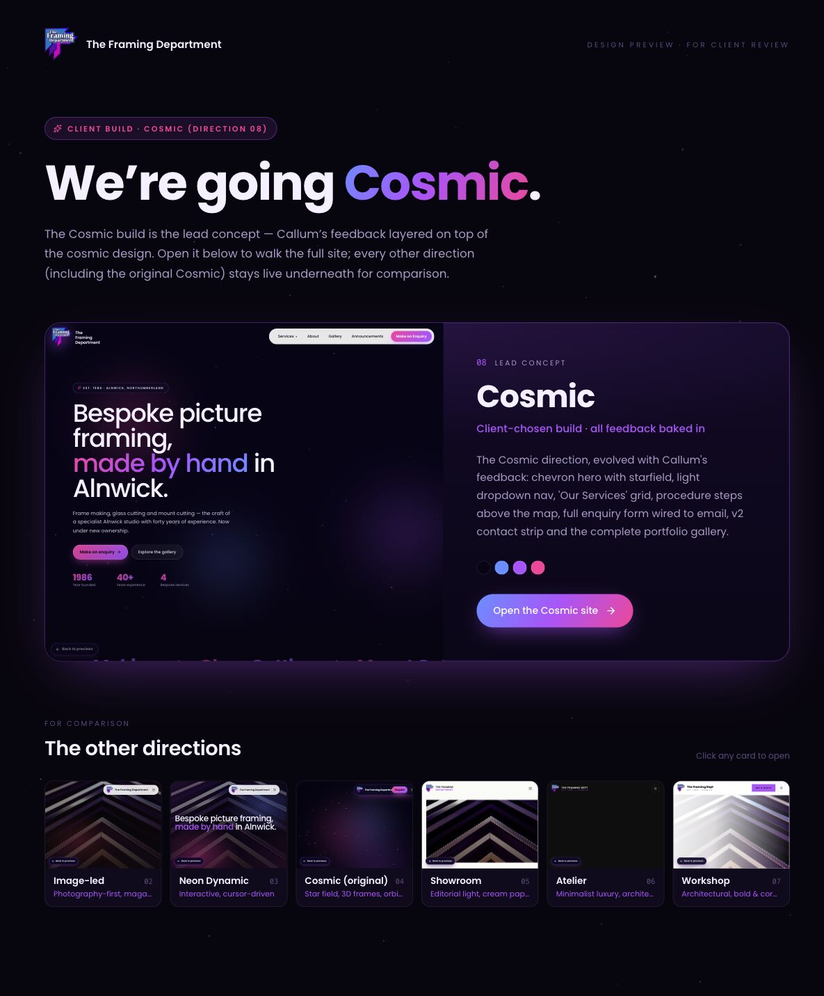 Design preview page with seven website directions