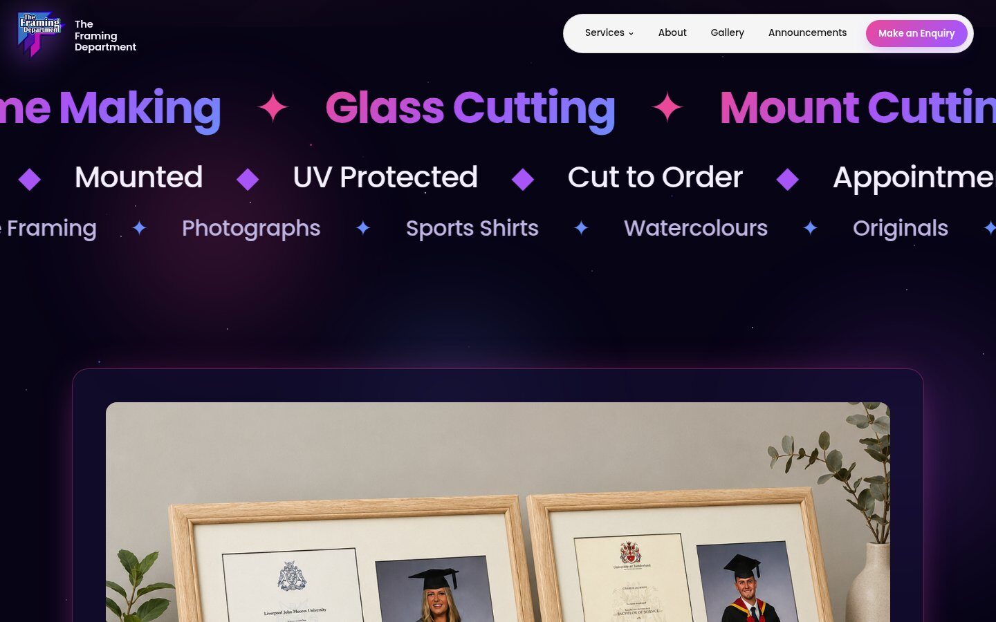 Moving strip of framing services on the homepage