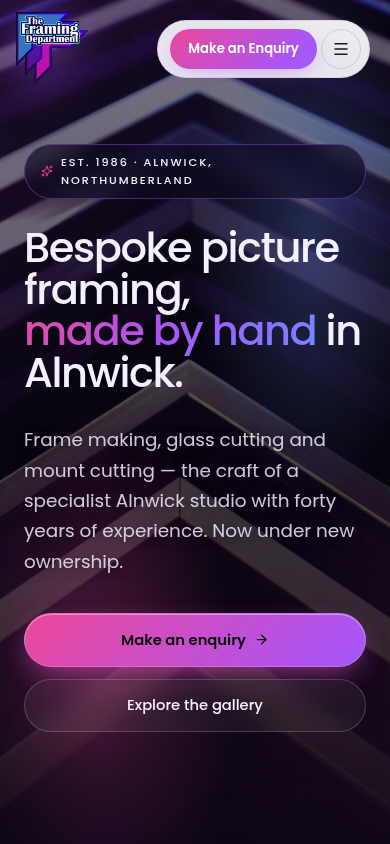 The Framing Department homepage on mobile