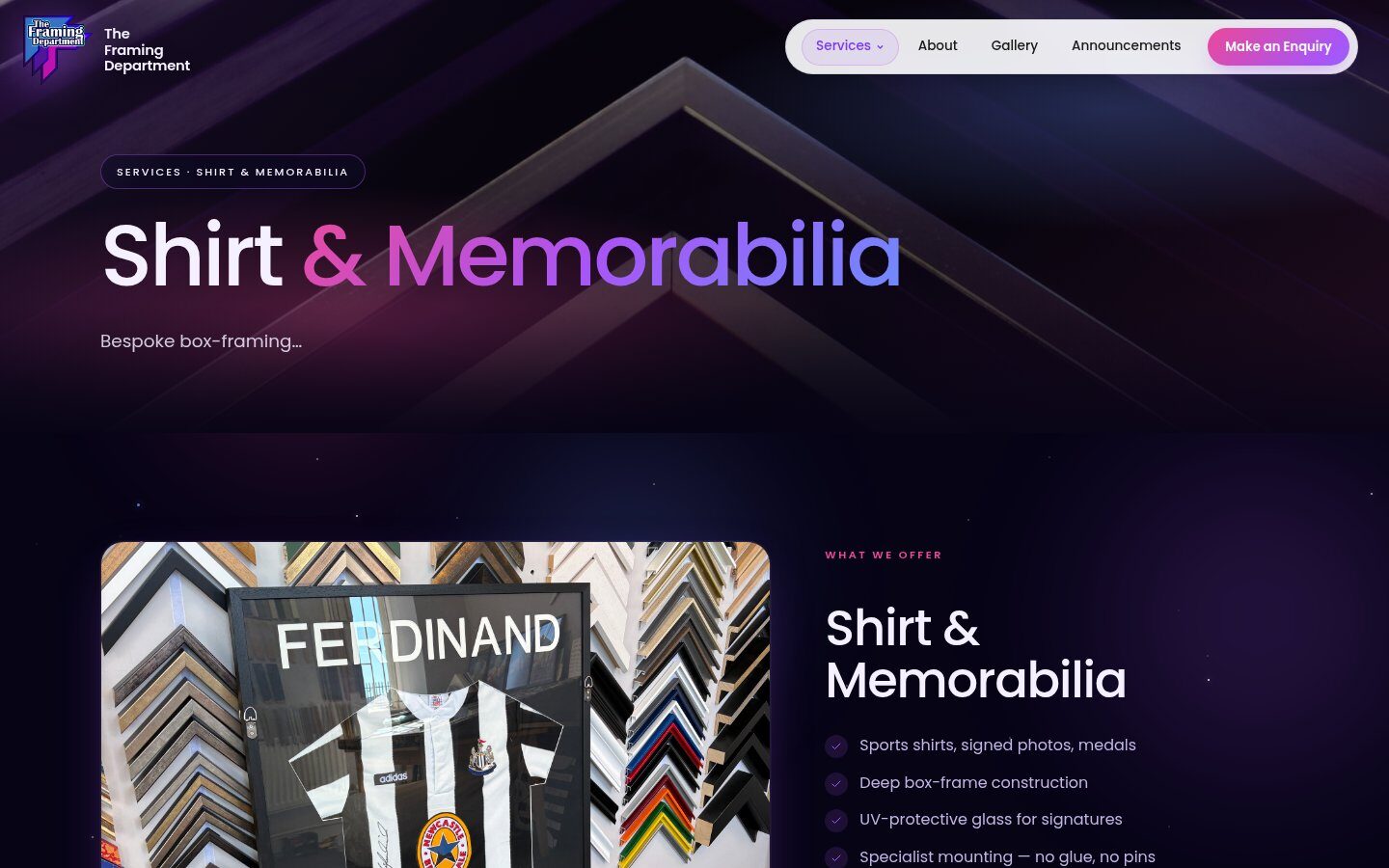 Shirt and memorabilia framing service page