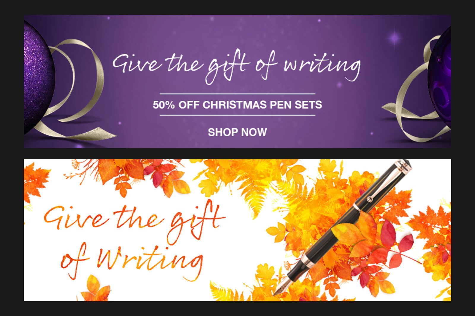 The Pen Shop Christmas and Autumn 2016 website banners